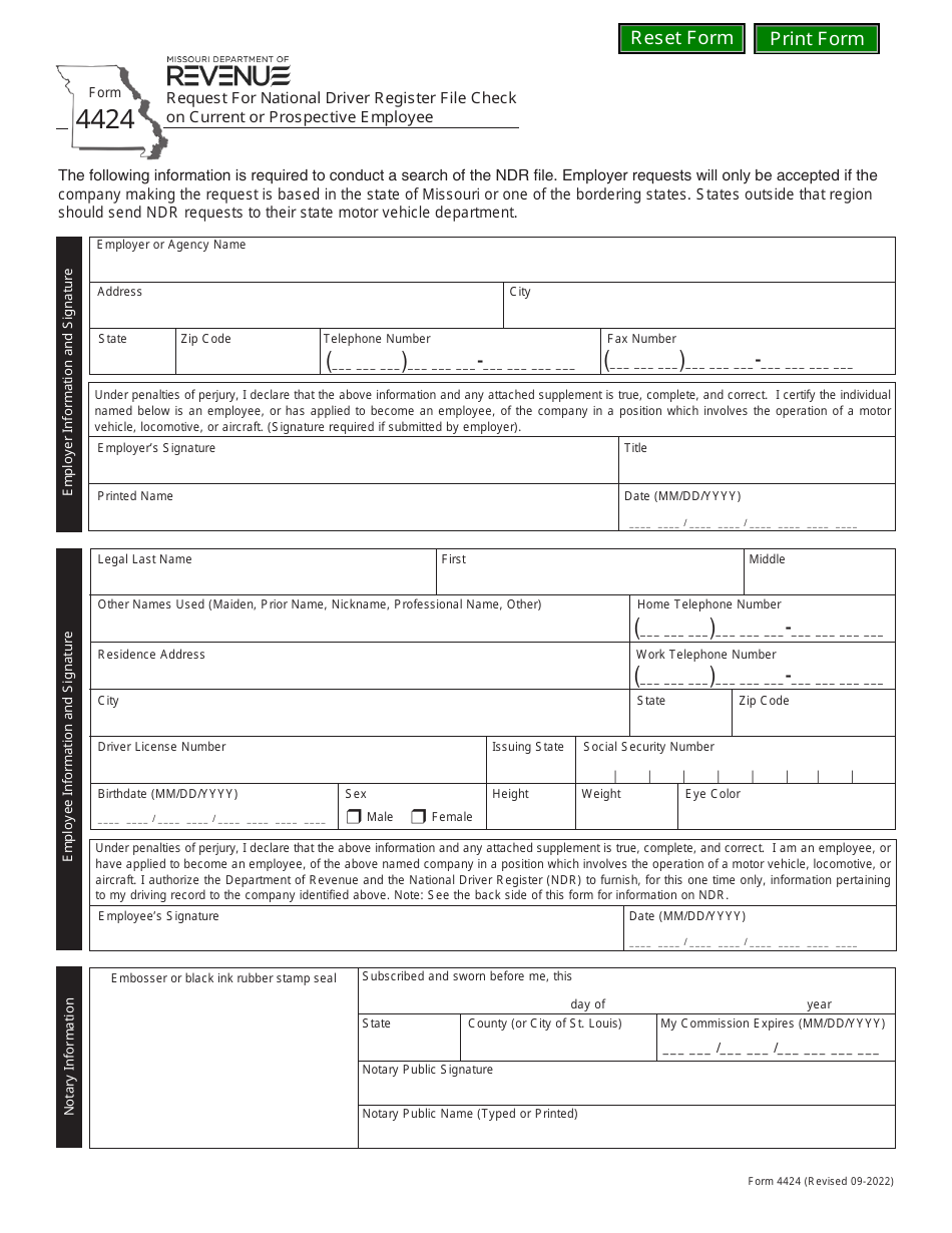Form 4424 Request for National Driver Register File Check on Current or Prospective Employee - Missouri, Page 1