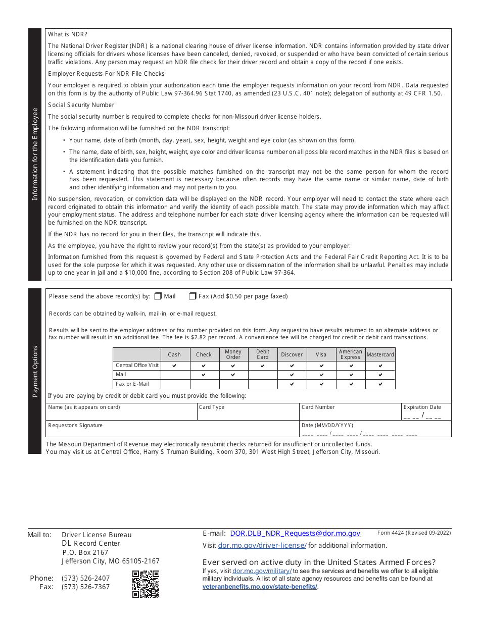 Form 4424 Request for National Driver Register File Check on Current or Prospective Employee - Missouri, Page 2