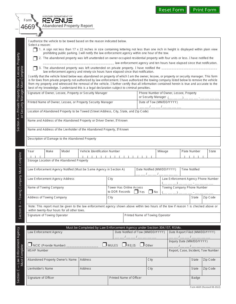 Form 4669 Abandoned Property Report - Missouri, Page 1