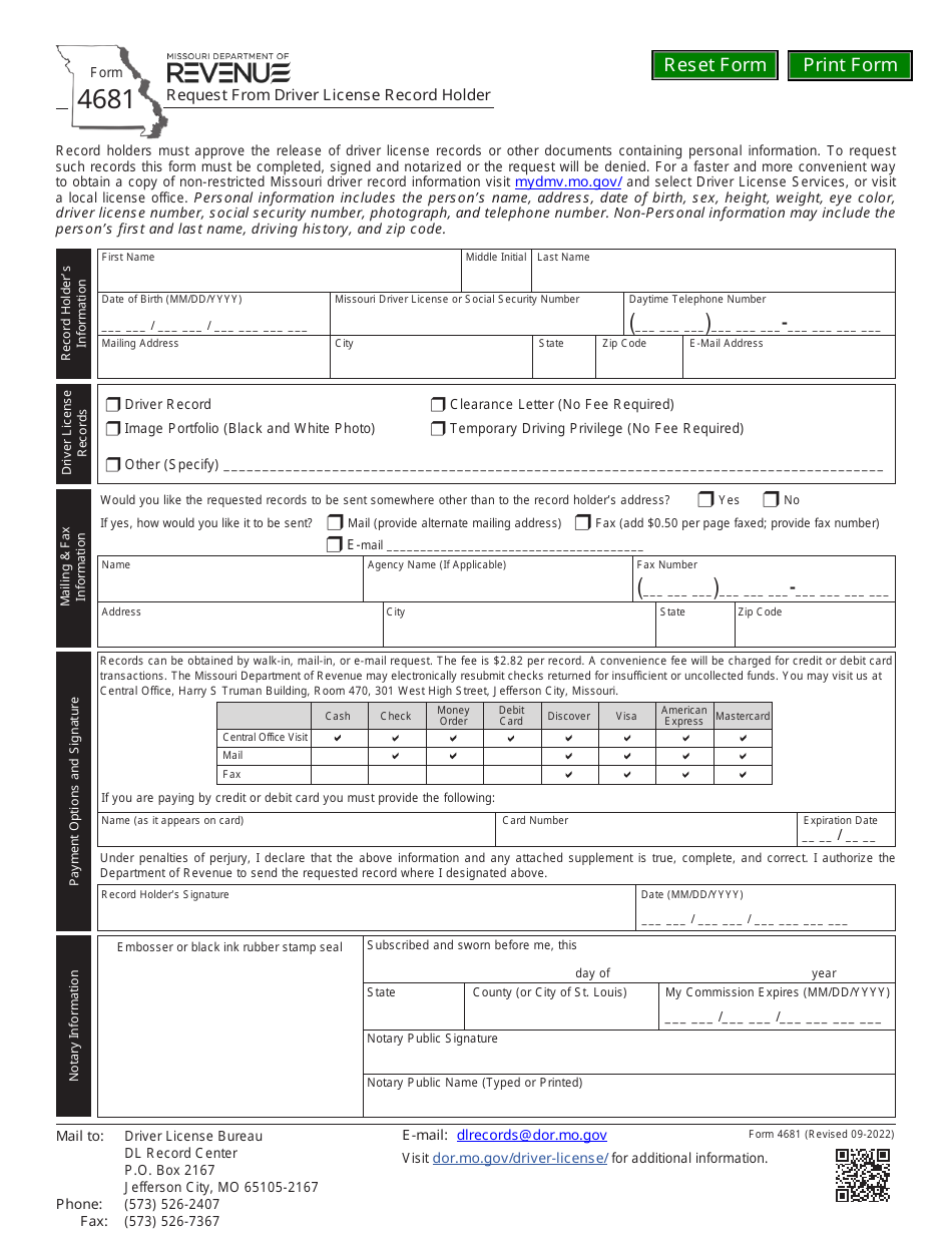 Form 4681 Request From Driver License Record Holder - Missouri, Page 1