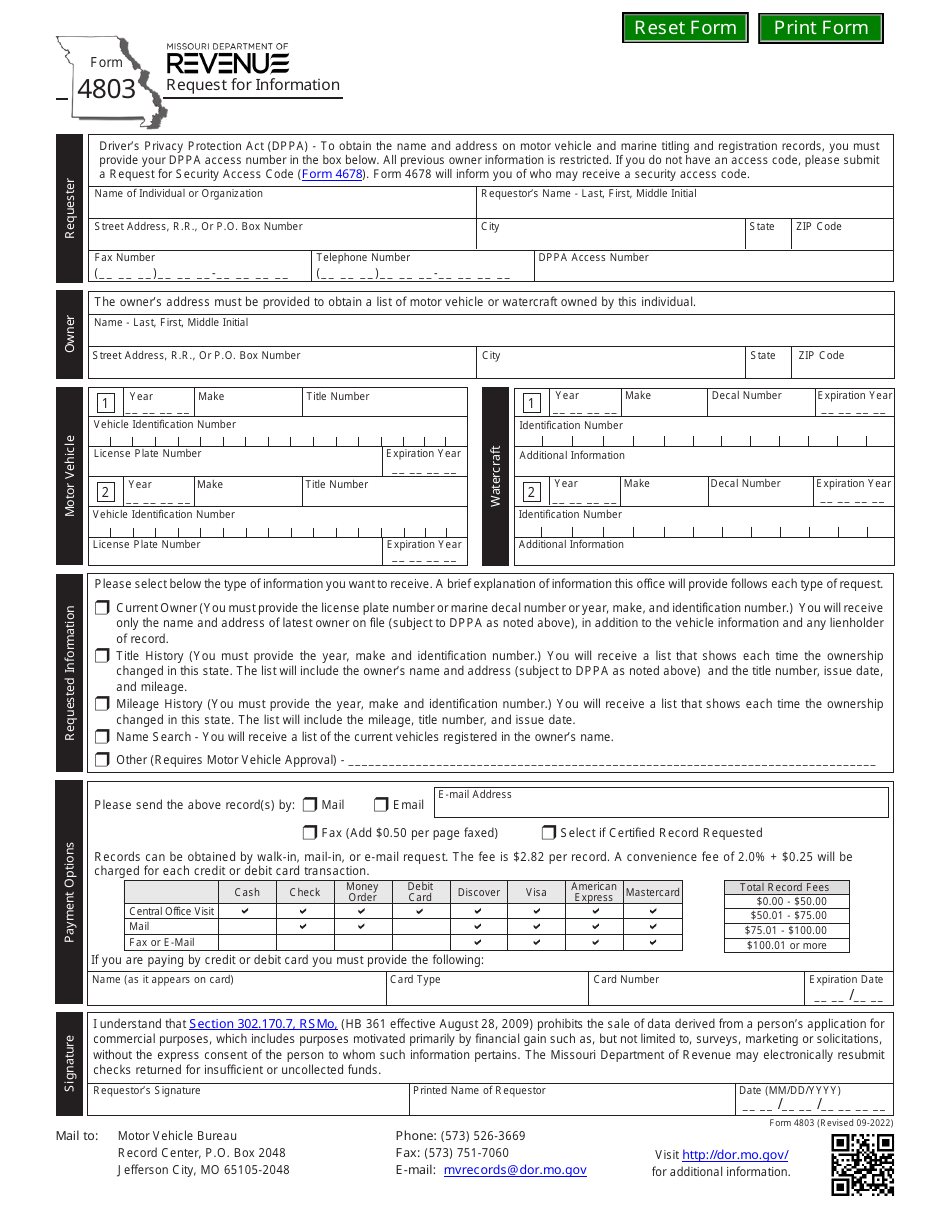 Form 4803 Request for Information - Missouri, Page 1