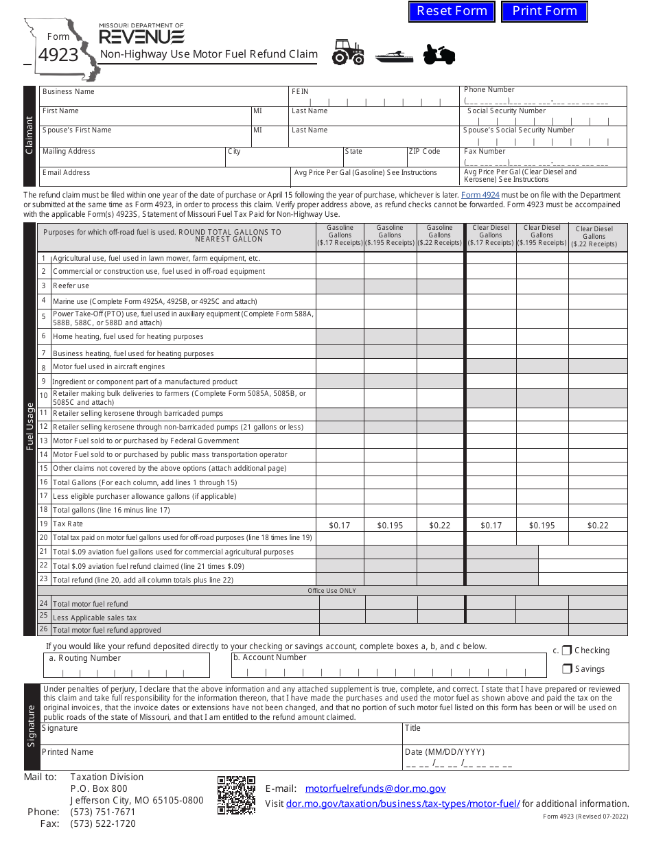 Form 4923 Non-highway Use Motor Fuel Refund Claim - Missouri, Page 1