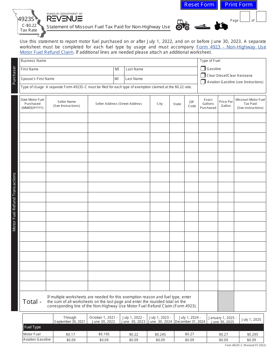 Form 4923S-C $0.22 Tax Rate Statement of Missouri Fuel Tax Paid for Non-highway Use - Missouri, Page 1