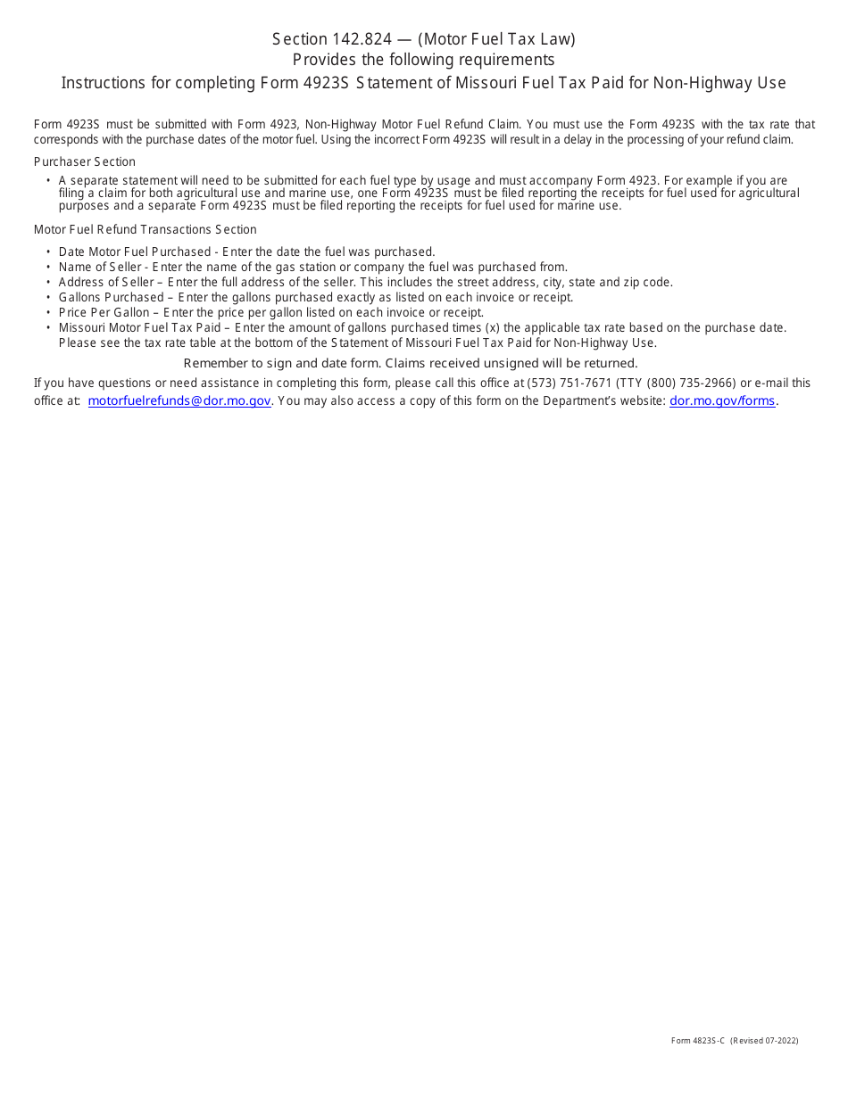 Form 4923S-C $0.22 Tax Rate Statement of Missouri Fuel Tax Paid for Non-highway Use - Missouri, Page 2