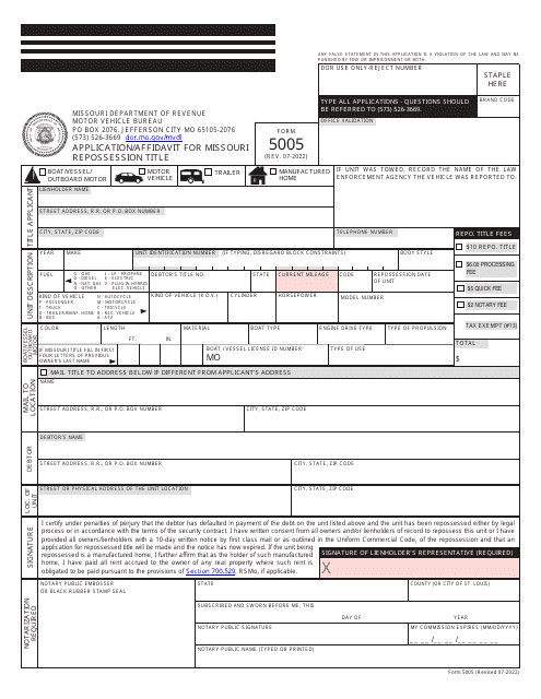 Form 5005 Application/Affidavit for Missouri Repossession Title - Missouri