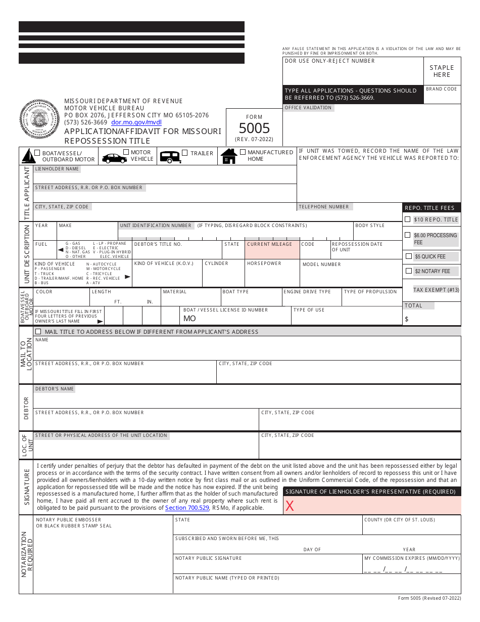 Form 5005 Application / Affidavit for Missouri Repossession Title - Missouri, Page 1