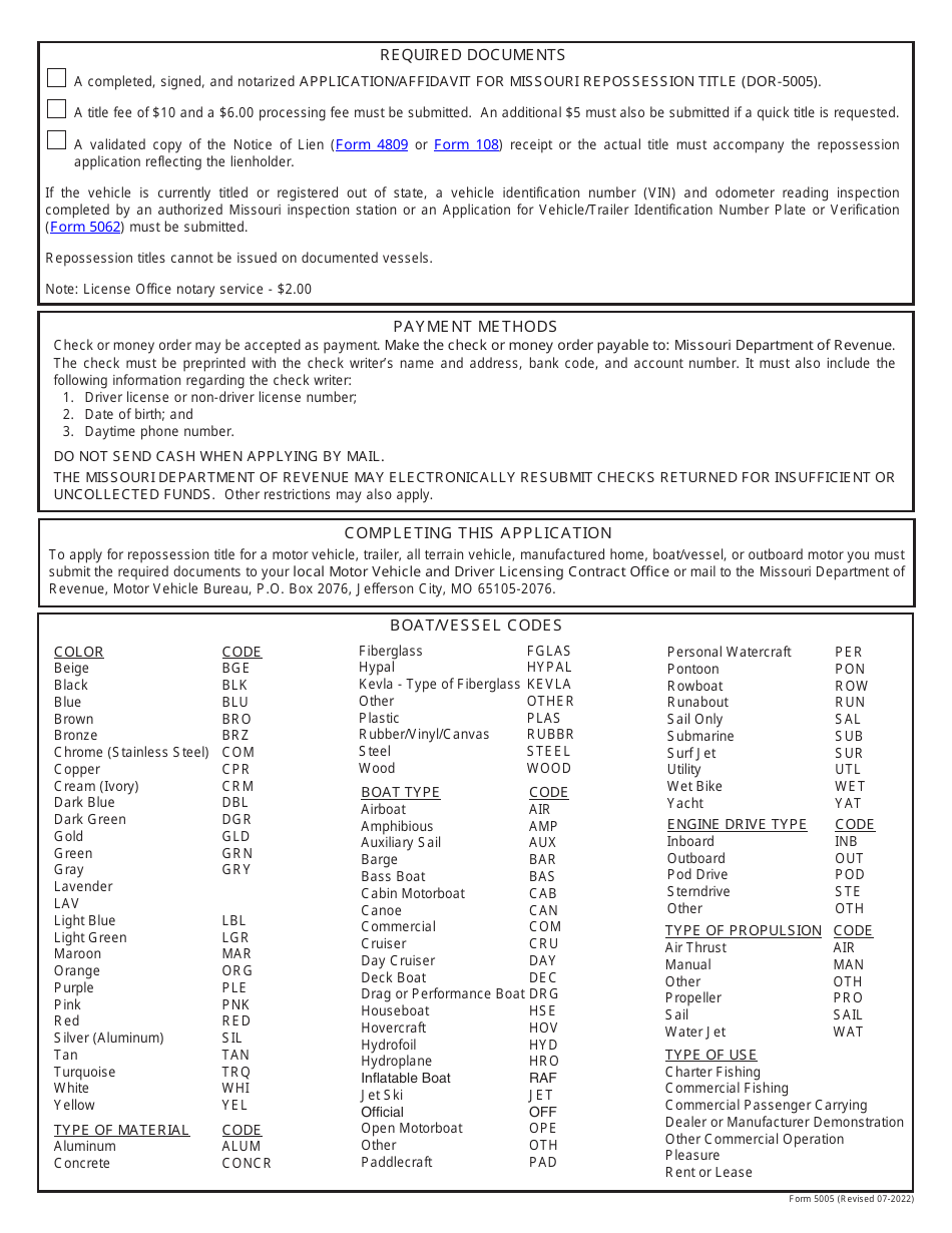 Form 5005 Application / Affidavit for Missouri Repossession Title - Missouri, Page 2