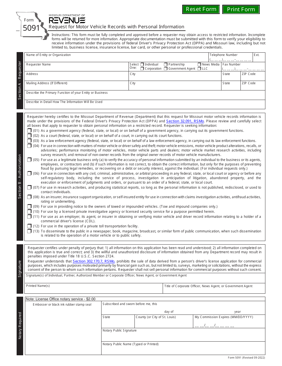 Form 5091 Request for Motor Vehicle Records With Personal Information - Missouri, Page 1