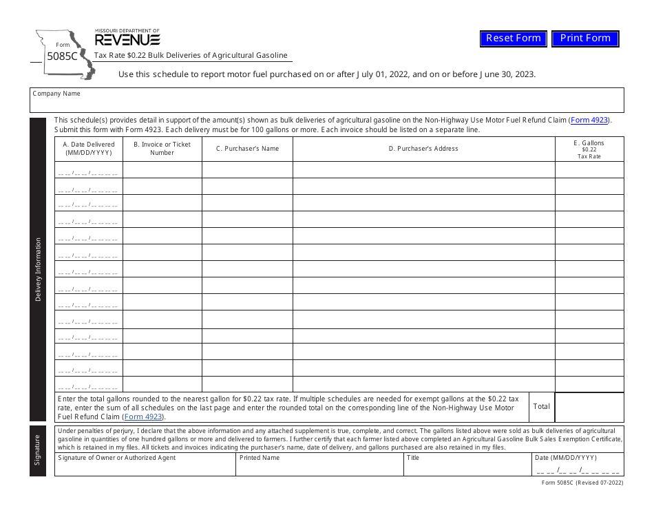 Form 5085C Tax Rate $0.22 Bulk Deliveries of Agricultural Gasoline - Missouri, Page 1