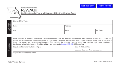 Document preview: Form 5376 Multiple Vehicle Financial Responsibility Certification Form - Missouri