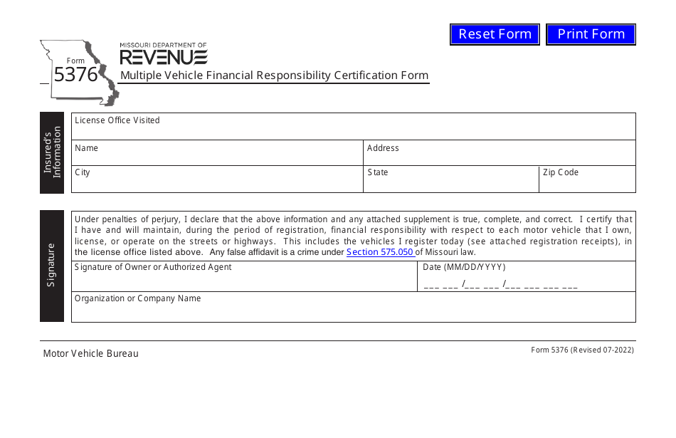 Form 5376 Multiple Vehicle Financial Responsibility Certification Form - Missouri, Page 1
