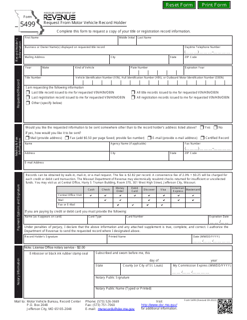 Form 5499 Request From Motor Vehicle Record Holder - Missouri