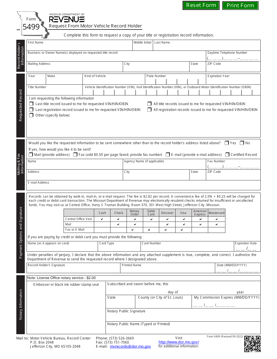 Form 5499 Request From Motor Vehicle Record Holder - Missouri, Page 1