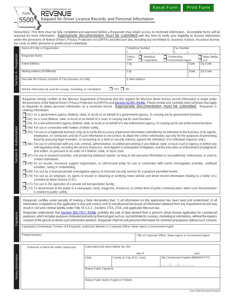 Form 5500 Request for Driver License Records and Personal Information - Missouri, Page 1