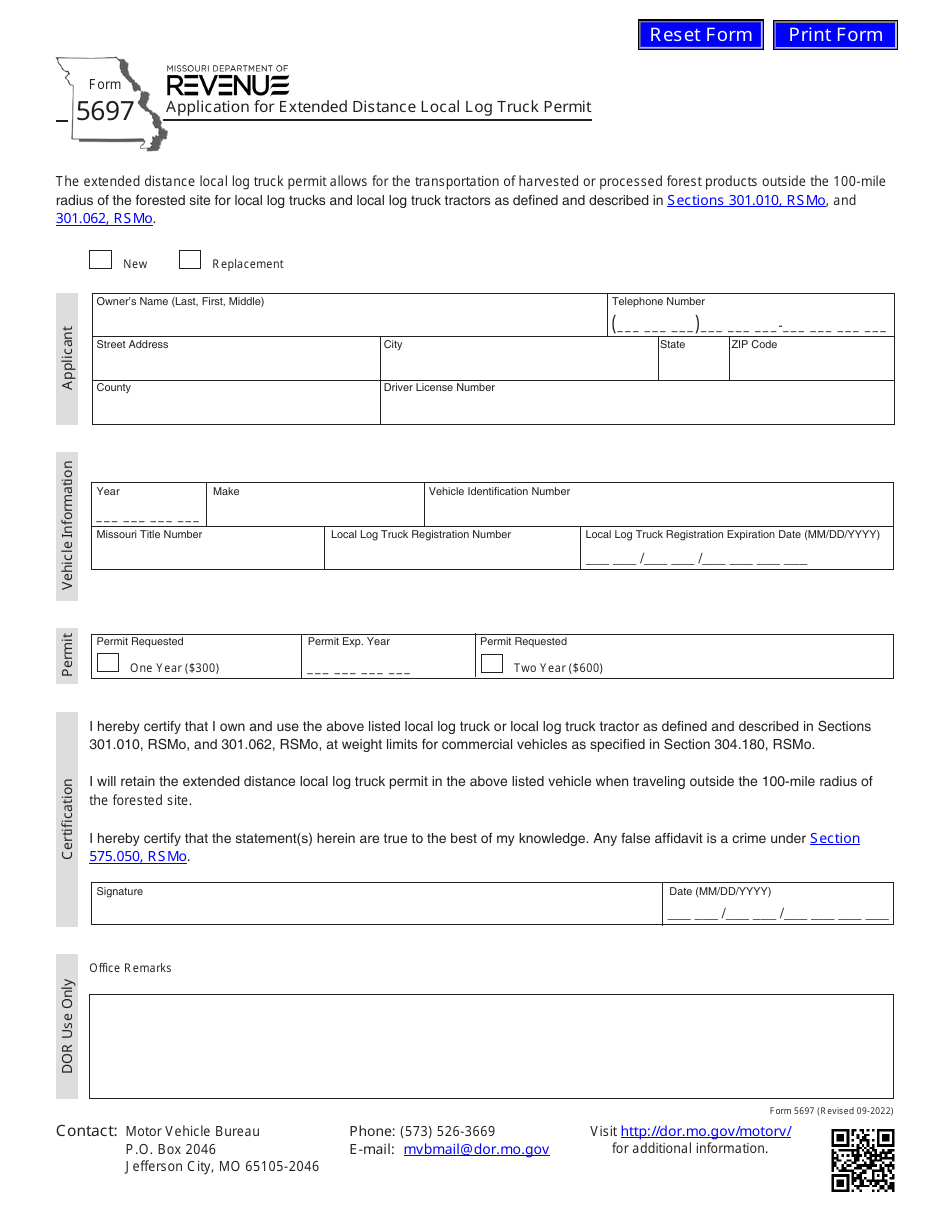 Form 5697 Application for Extended Distance Local Log Truck Permit - Missouri, Page 1