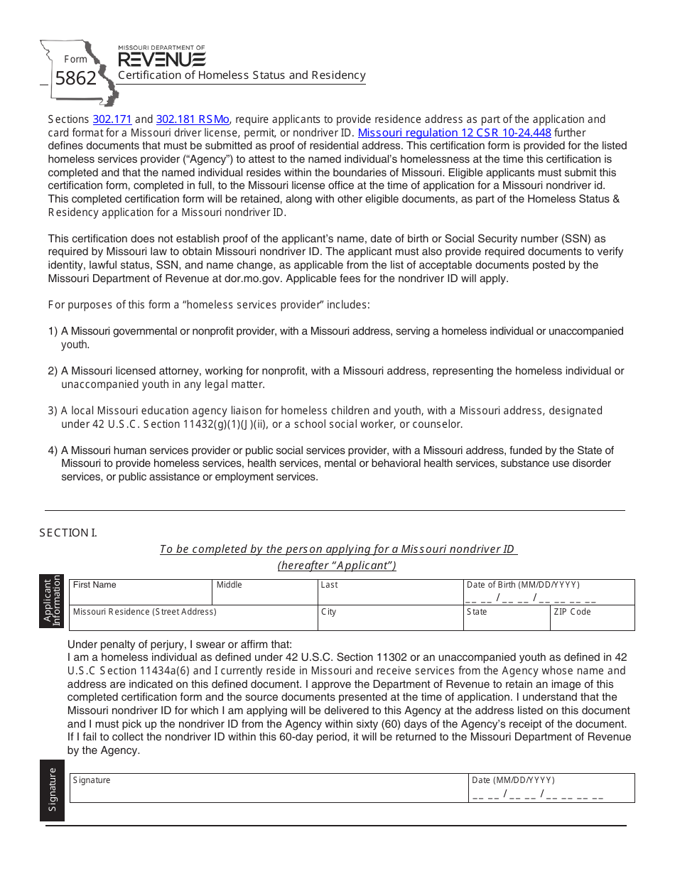 Form 5862 Certification of Homeless Status and Residency - Missouri, Page 1