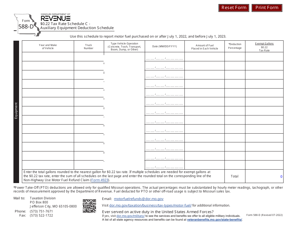 Form 588-D Schedule C $0.22 Tax Rate - Auxiliary Equipment Deduction Schedule - Missouri, Page 1