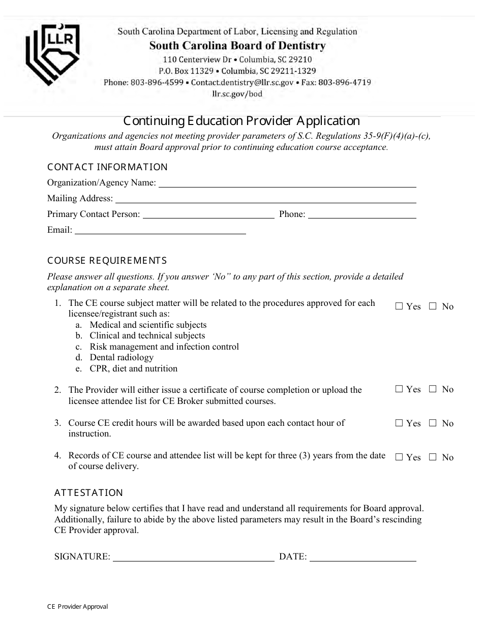 Continuing Education Provider Application - Board of Dentistry - South Carolina, Page 1