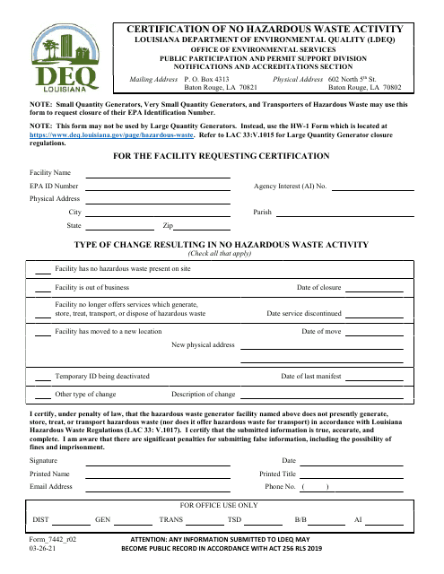 Form 7442 Certification of No Hazardous Waste Activity - Louisiana
