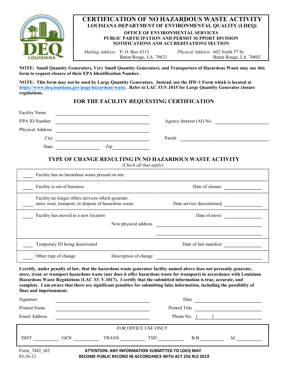 Form 7442 Certification of No Hazardous Waste Activity - Louisiana, Page 1