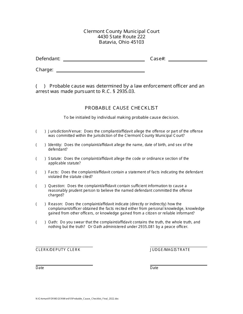 Probable Cause Checklist - Clermont County, Ohio, Page 1