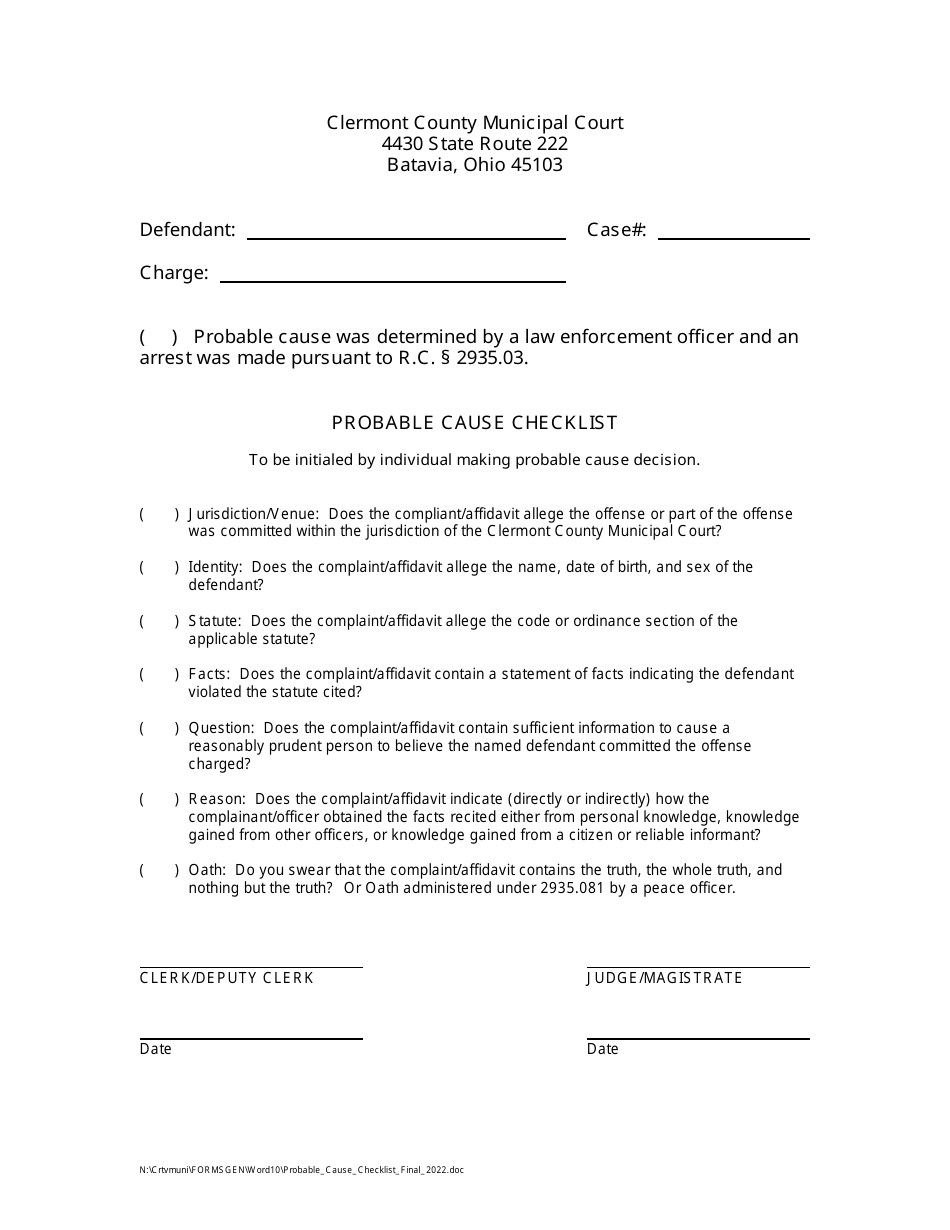 Clermont County, Ohio Probable Cause Checklist Fill Out, Sign Online