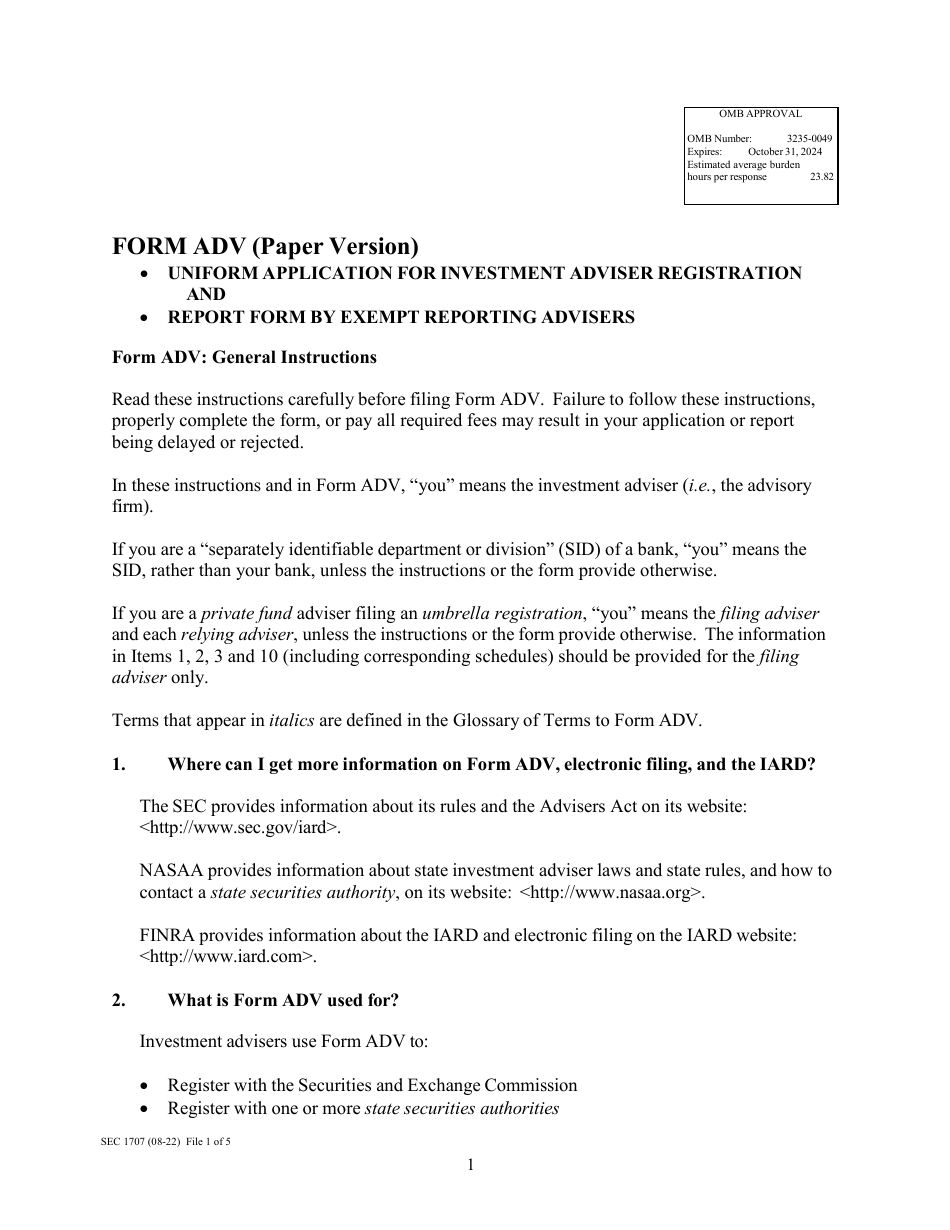 Download Instructions for Form ADV, SEC Form 1707 Uniform Application