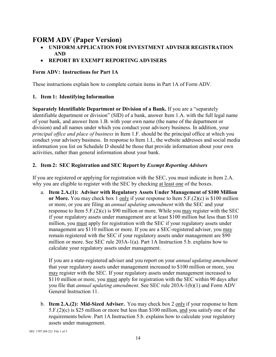 Instructions for Form ADV, SEC Form 1707 Uniform Application for Investment Adviser Registration and Report Form by Exempt Reporting Advisers, Page 14