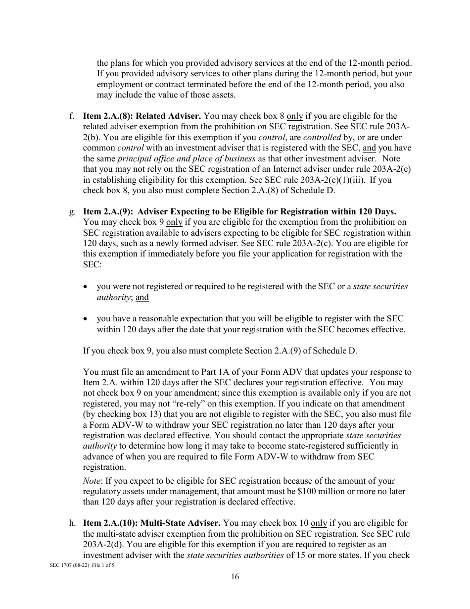 Instructions for Form ADV, SEC Form 1707 Uniform Application for Investment Adviser Registration and Report Form by Exempt Reporting Advisers, Page 16