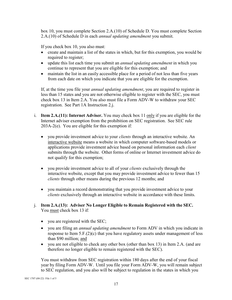 Instructions for Form ADV, SEC Form 1707 Uniform Application for Investment Adviser Registration and Report Form by Exempt Reporting Advisers, Page 17