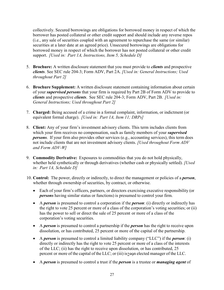 Instructions for Form ADV, SEC Form 1707 Uniform Application for Investment Adviser Registration and Report Form by Exempt Reporting Advisers, Page 27