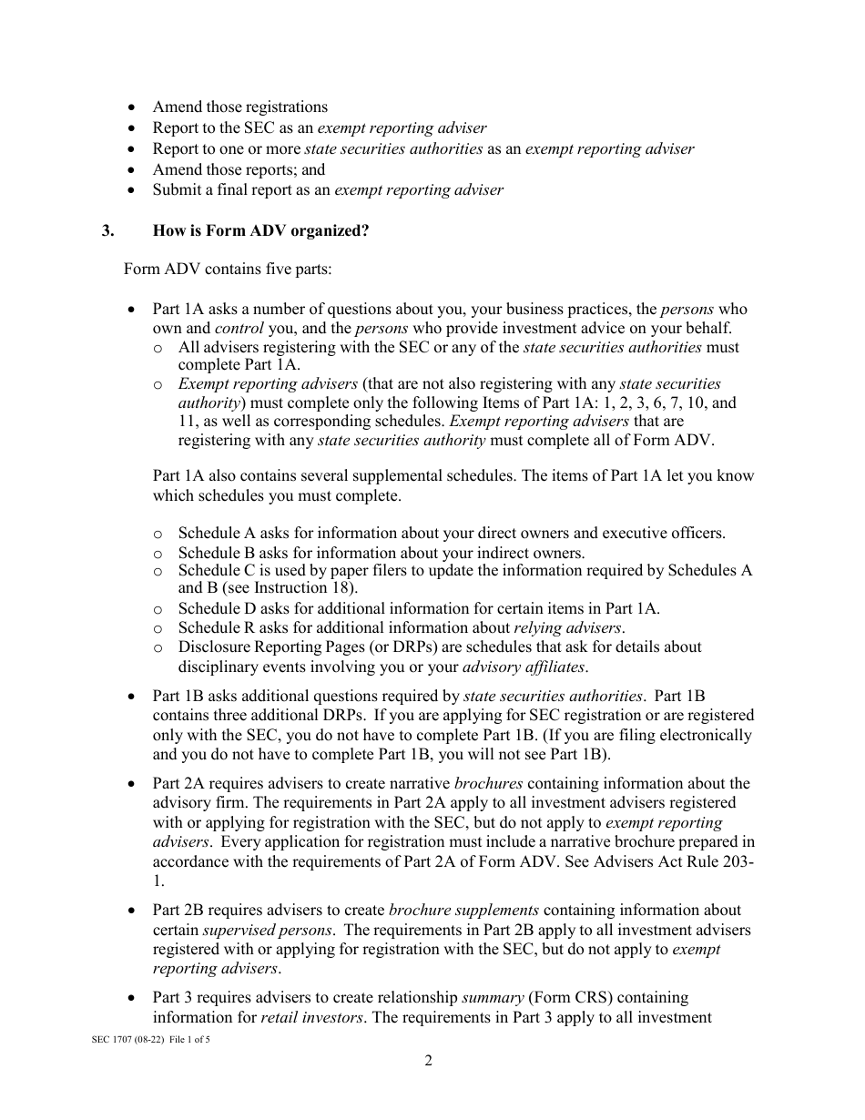 Instructions for Form ADV, SEC Form 1707 Uniform Application for Investment Adviser Registration and Report Form by Exempt Reporting Advisers, Page 2