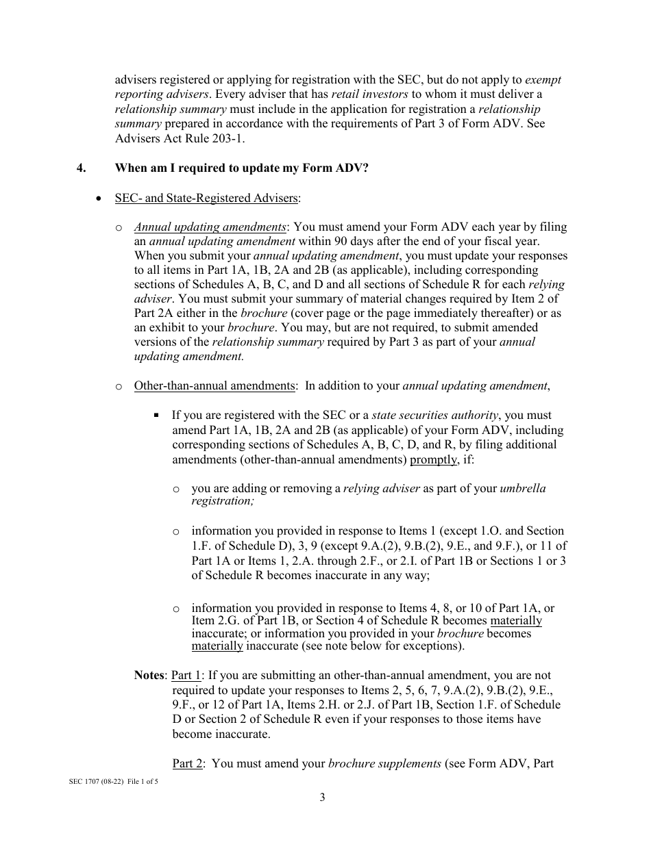 Instructions for Form ADV, SEC Form 1707 Uniform Application for Investment Adviser Registration and Report Form by Exempt Reporting Advisers, Page 3