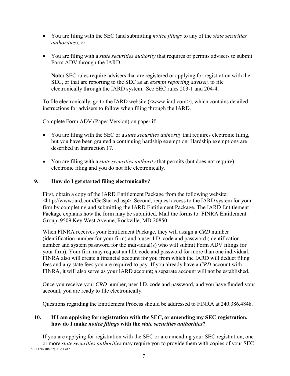 Instructions for Form ADV, SEC Form 1707 Uniform Application for Investment Adviser Registration and Report Form by Exempt Reporting Advisers, Page 7