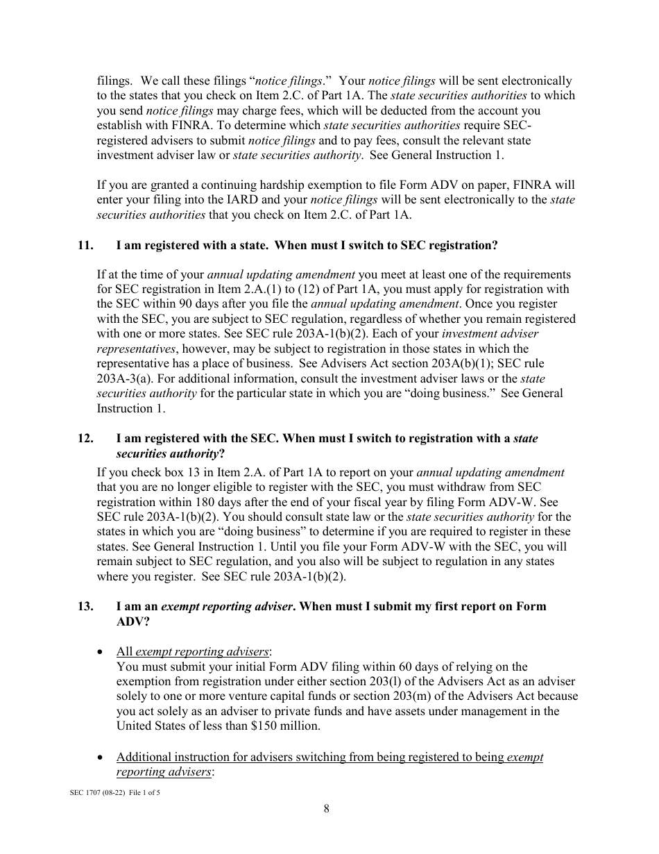 Instructions for Form ADV, SEC Form 1707 Uniform Application for Investment Adviser Registration and Report Form by Exempt Reporting Advisers, Page 8