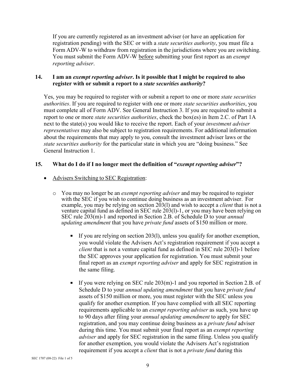 Instructions for Form ADV, SEC Form 1707 Uniform Application for Investment Adviser Registration and Report Form by Exempt Reporting Advisers, Page 9
