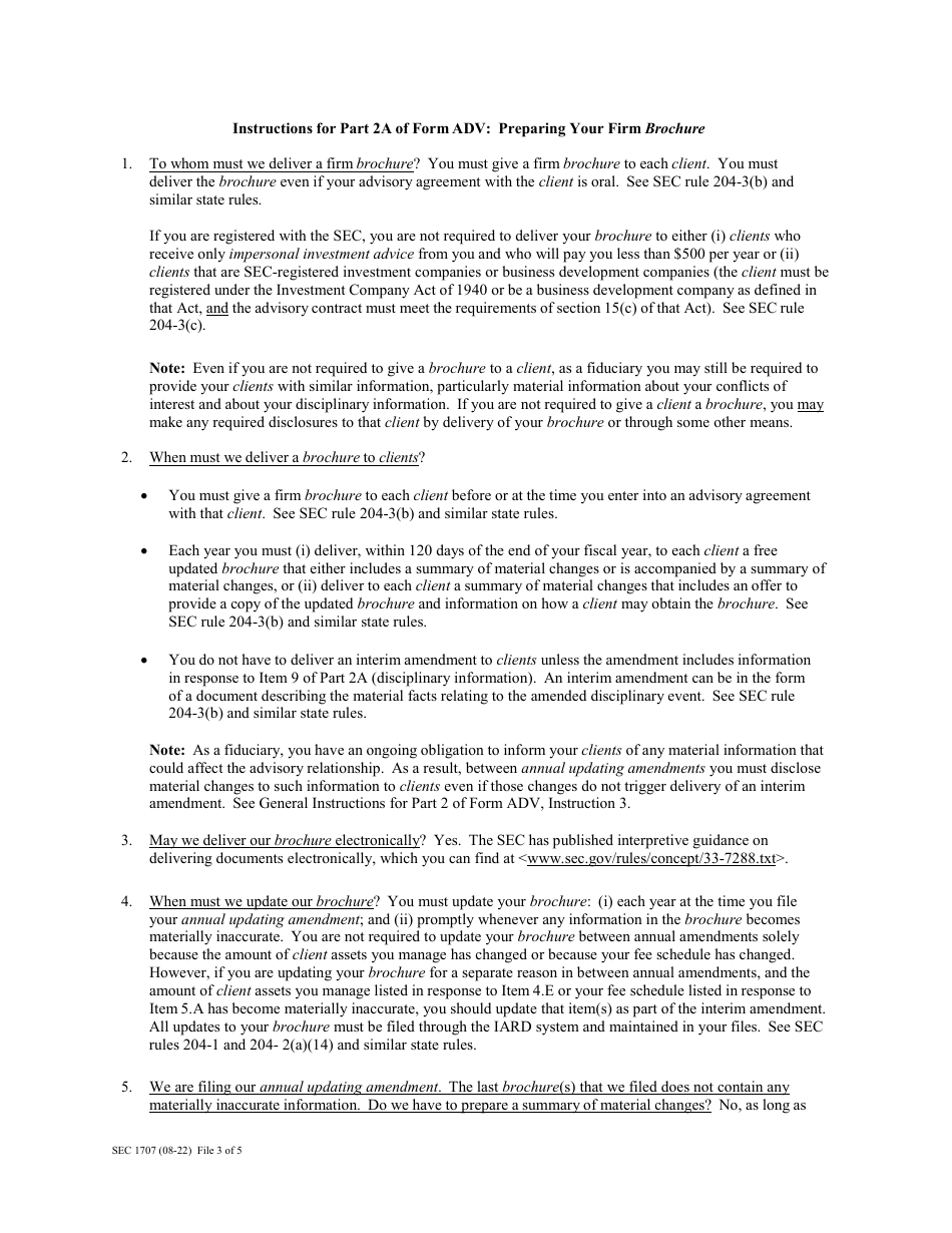 Form ADV (SEC Form 1707) Part 2 Uniform Application for Investment Adviser Registration - Uniform Requirements for the Investment Adviser Brochure and Brochure Supplements, Page 3