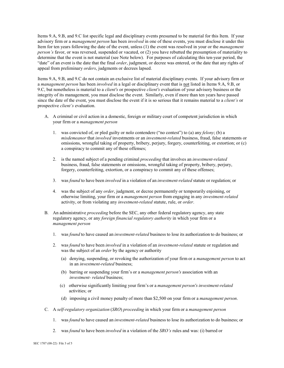 Form ADV (SEC Form 1707) Part 2 Uniform Application for Investment Adviser Registration - Uniform Requirements for the Investment Adviser Brochure and Brochure Supplements, Page 9