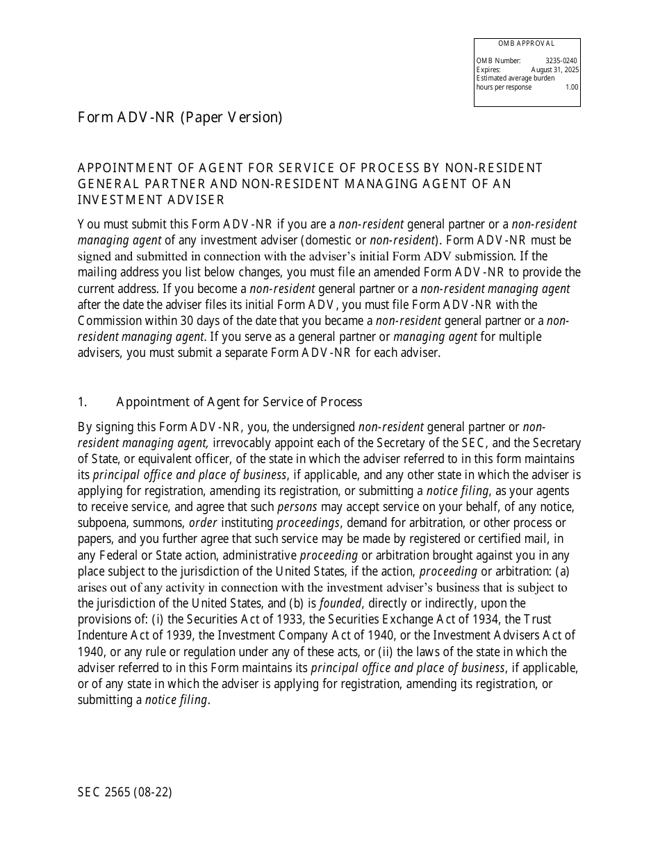 Form ADV-NR (SEC Form 2565) Appointment of Agent for Service of Process by Non-resident General Partner and Non-resident Managing Agent of an Investment Adviser, Page 1