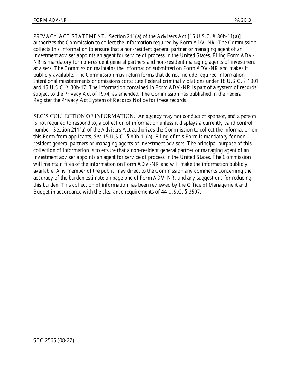 Form ADV-NR (SEC Form 2565) Appointment of Agent for Service of Process by Non-resident General Partner and Non-resident Managing Agent of an Investment Adviser, Page 3