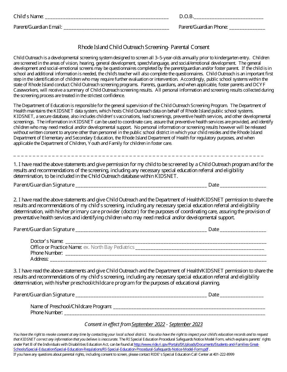 Child Outreach Screening - Parental Consent - Rhode Island, Page 1