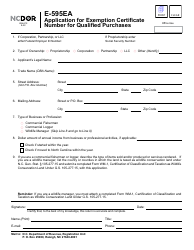 Document preview: Form E-595EA Application for Exemption Certificate Number for Qualified Purchases - North Carolina