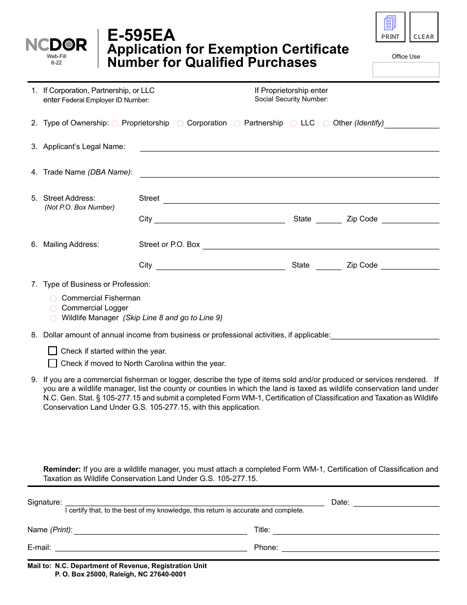 Form E-595EA Application for Exemption Certificate Number for Qualified Purchases - North Carolina, Page 1