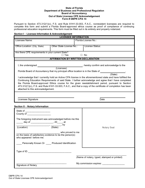 Form DBPR CPA14  Printable Pdf