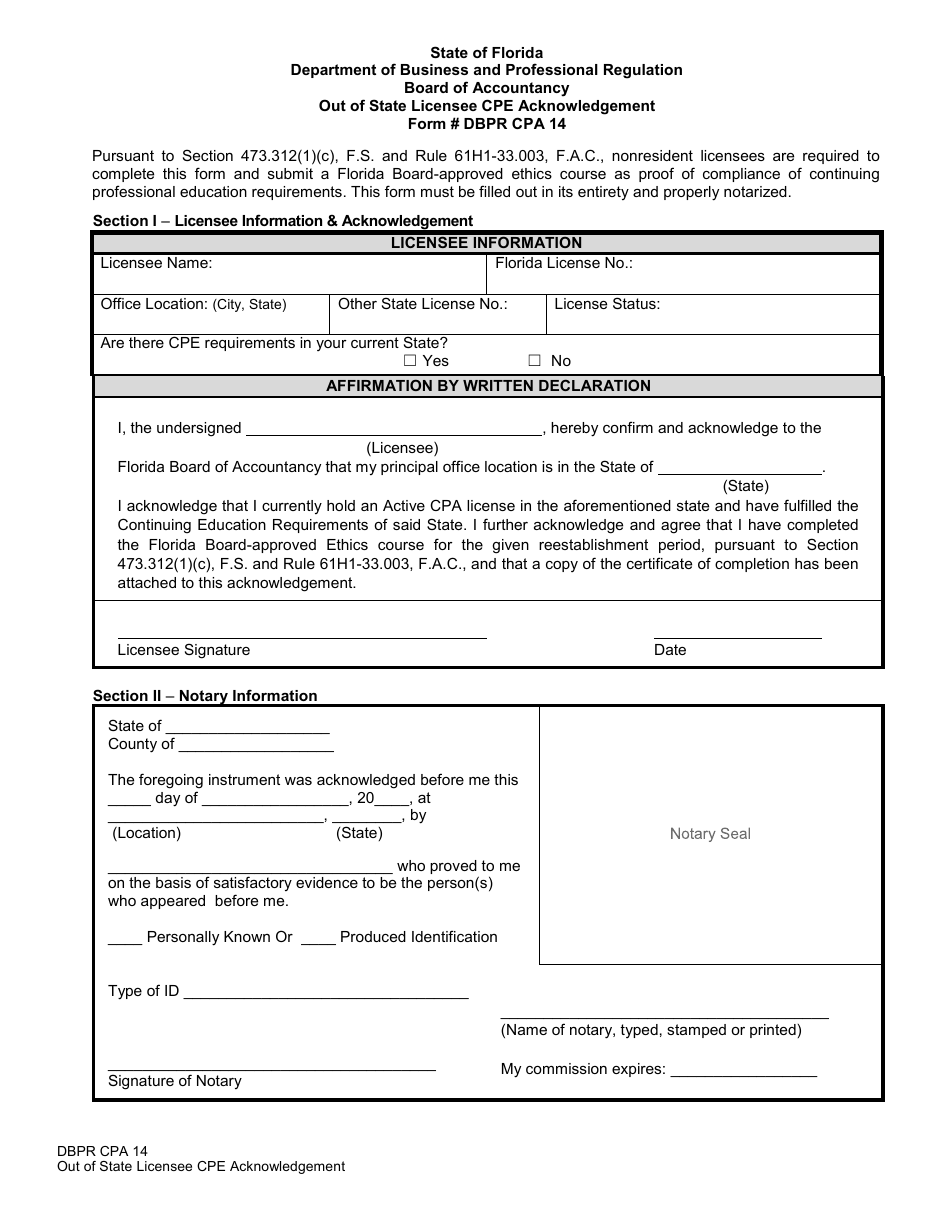 Form DBPR CPA14 Out of State Licensee Cpe Acknowledgement - Florida, Page 1