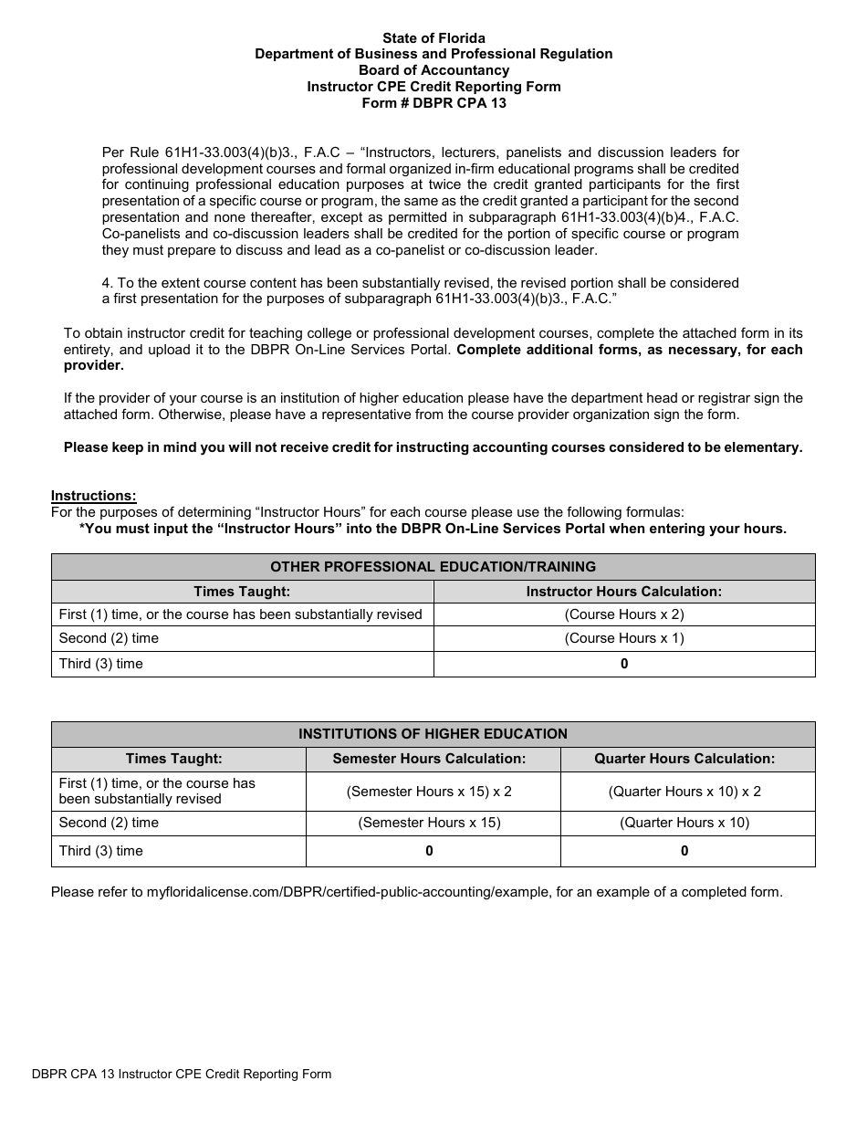 Form DBPR CPA13 Instructor Cpe Credit Reporting Form - Florida, Page 1