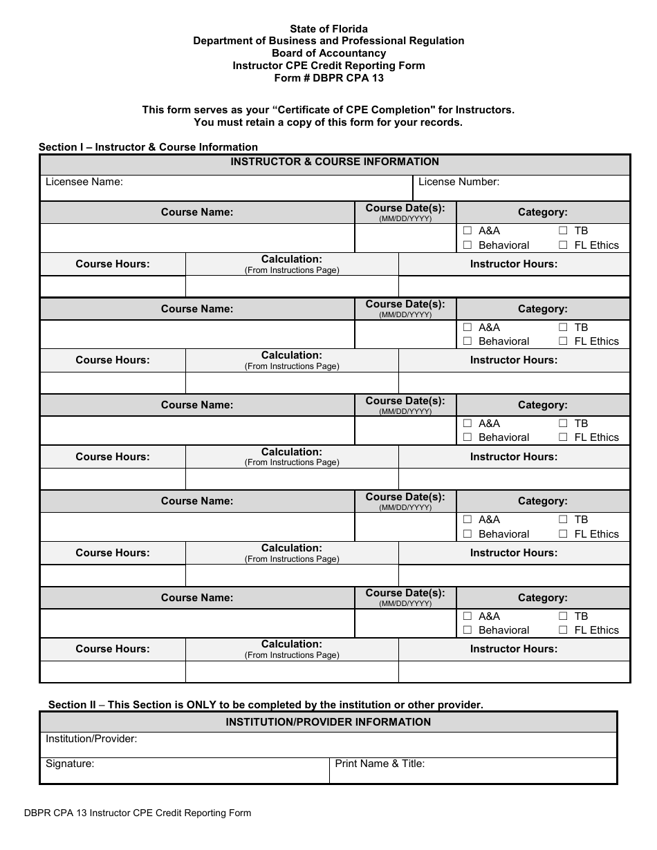 Form DBPR CPA13 Instructor Cpe Credit Reporting Form - Florida, Page 2