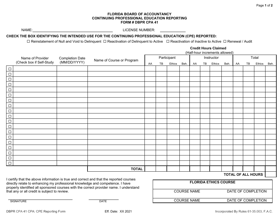 Form DBPR CPA41 Continuing Professional Education Reporting Form - Florida, Page 1