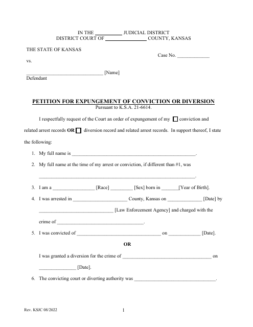 Petition for Expungement of Conviction or Diversion - Kansas Download Pdf