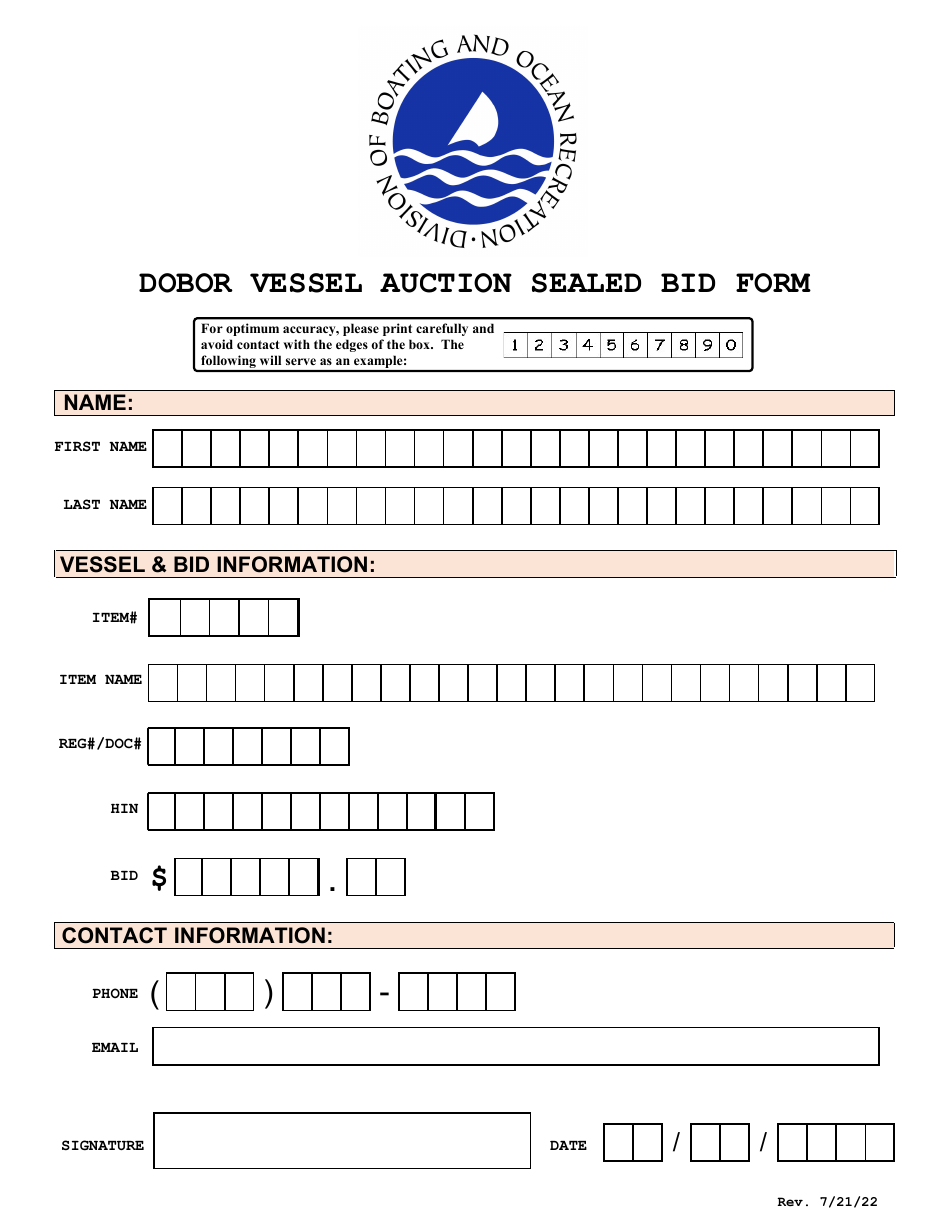 Dobor Vessel Auction Sealed Bid Form - Hawaii, Page 1